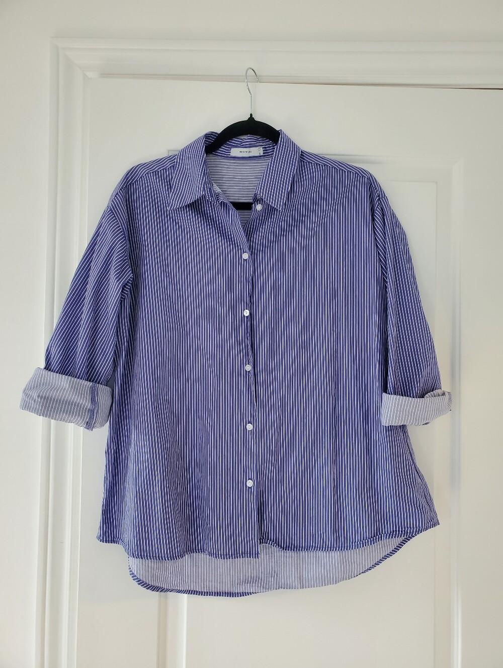 Oversized Boyfriend Fit Lightweight Blue Striped Button-Up Shirt